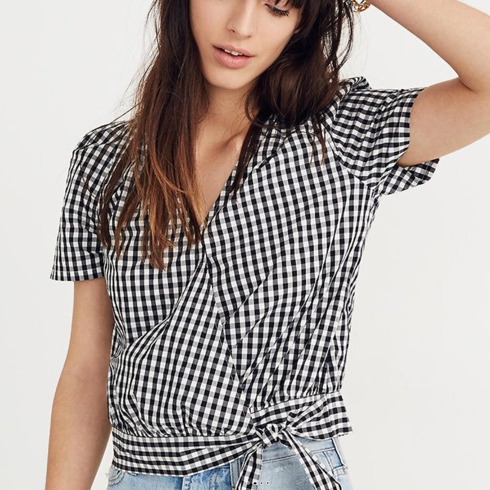 Madewell Short-Sleeve Wrap Top in Gingham Check